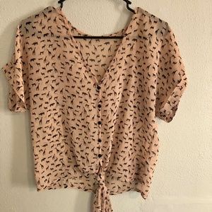 Tan. Size Small. Button up and tie at bottom